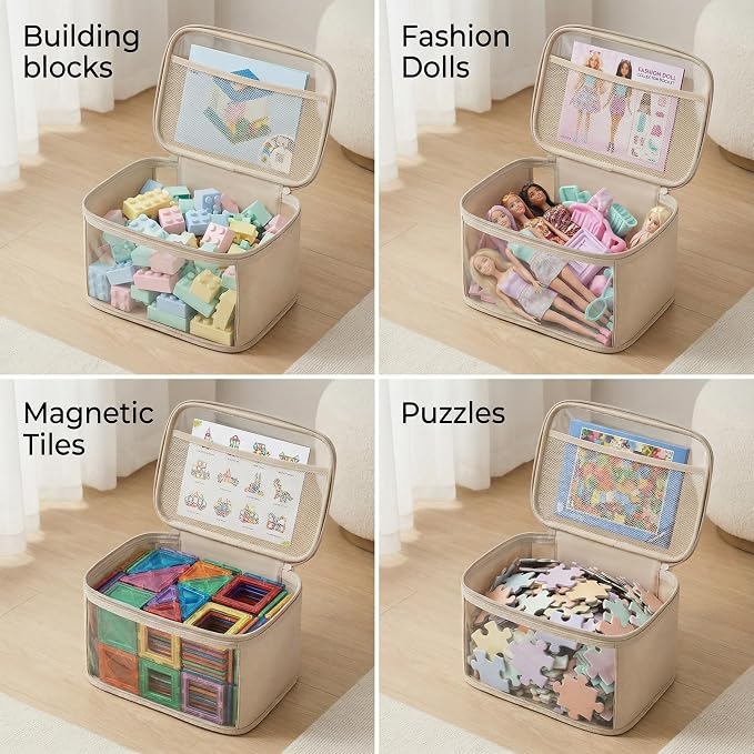 holay 4 Pack Clear Toy Storage Bags with Zipper & Handle, Board Game Bins | Reinforced base stands upright; clear PVC front; holds toys, board games & busy bags; foldable for playroom & travel