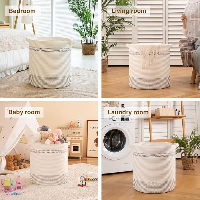 OIAHOMY 80L Laundry Basket, Laundry Hamper, Cotton Rope Storage Basket with Handles, Decorative Woven Basket for Living Room,Storage Baskets for Clothes, Blankets, and Toys -20''×18'', White&Gray | Tall Dirty Clothes Hamper with Handle,Blanket Basket,D...