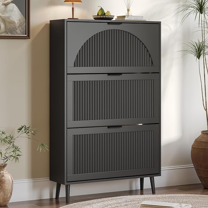 BORNOON Shoe Cabinet for Entryway with 3 Flip Drawers, Slim Wooden Shoe Storage Organizer with Modern Fluted Pannel，Freestanding Narrow Hidden Shoe Rack for Hallway, Foyer, Living Room