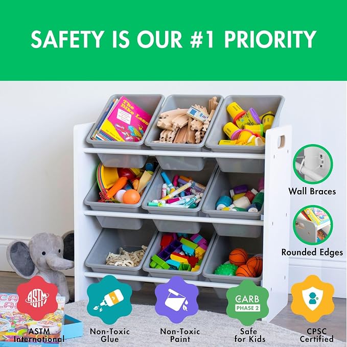 Humble Crew 9-Bin Toy Organizer – Explorer Natural White/Grey Plastic Bins, 3-Tier Storage Solution for Kids' Playrooms and Nurseries
