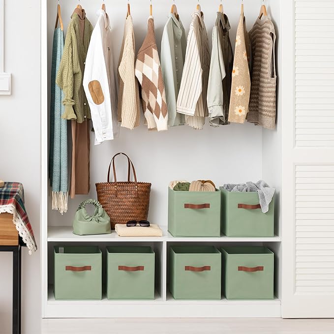 GRANNY SAYS 11 Inch Fabric Storage Cubes, 6-Pack, Sage Green | Collapsible Cube Storage Bins with Thickened Base Plate, Sturdy Handles, Decorative Baskets for Shelves, Closet