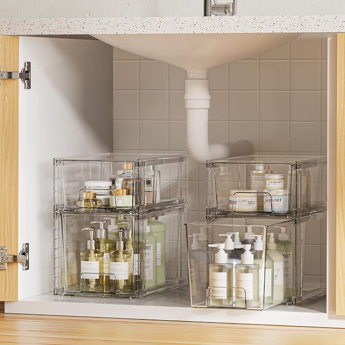 Vtopmart Clear Stackable Storage Drawers, 6 Pack Medium Organizer Set | Medium and Small Pull-Out PET Drawers with Stackable Design for Everyday Organization, Cabinets, Closets, Pantry
