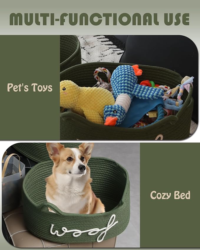 Sea Team Dog Toy Storage Basket with Handles and Ears, Green Woof | Large Cotton Rope Storage Bin, Shelf Basket, Organizer for Pet Chew Toys, Foods, 16.5 x 11 x 7 Inches, 4.4 Gallons