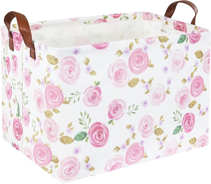 Rose Pink Baby Basket Nursery Baskets Girl Baby Storage Bins Rectangular Cute Kids Toy Storage Bin Organizer Book Shelf Basket Rose Room Decor(Pink Rose)