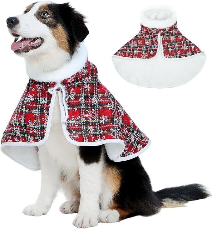 Dog Christmas Cape, Thermal Christmas Cloak, Xmas Costume | Thermal Lingnings, Christmas Yard Play, Freezing Morning Potty, Quick-Dress, Xmas Photo Shoots, Red Snowflakes XL