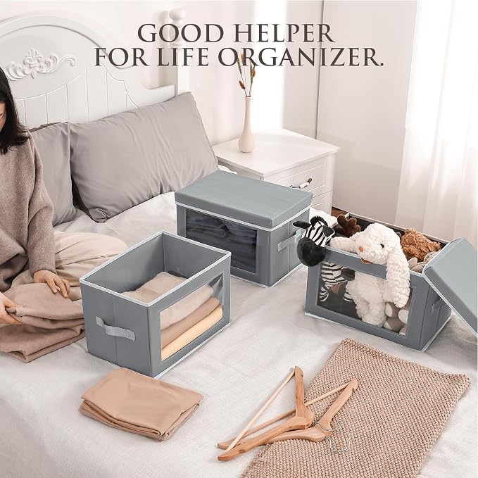 Clothes Organizers and Storage - 6 Pack Large Storage Box with Lids, Foldable Closet Organizer with Lids, Decorative Basket Bins for Home, Dorm, Closet, Grey