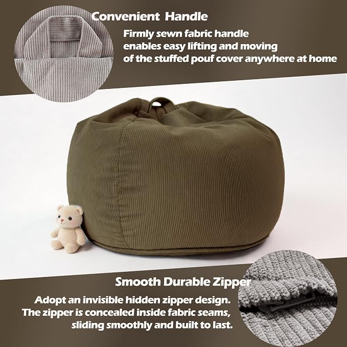 LPMOERA Stuffed Animal Storage Soft Bean Bag Chair Cover No Filler Taupe | Skin-Friendly,Portable,Wide Easy-Load Opening,Hidden Zipper,Decorative Organizer