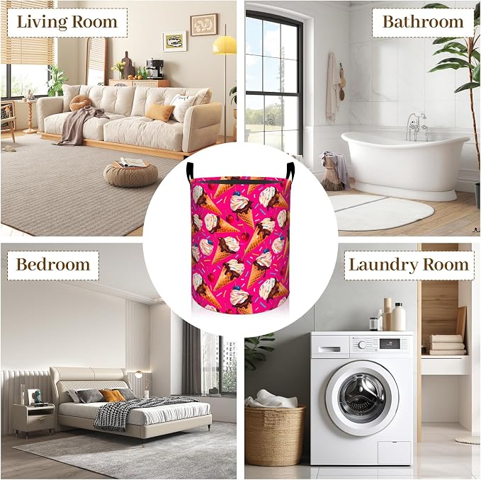 Ice Cream Laundry Basket, Colorful Dessert Foldable Oxford Cloth, Waterproof Dirty Clothes Hamper with Handles, Clothing Storage Bin Toy Organizer for Bedroom Dorm Bathroom, 19.7"x15.7"