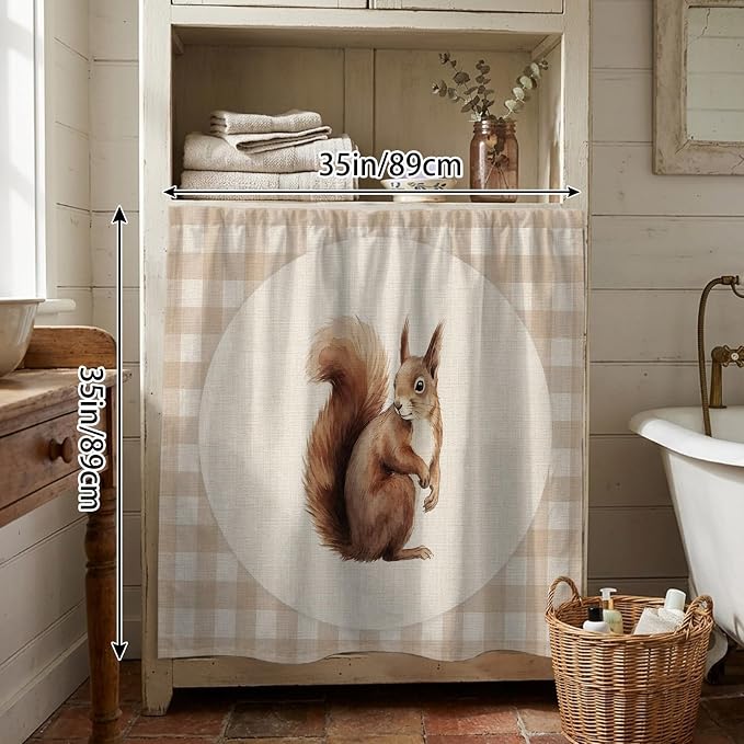 Squirrel Plaid Cabinet Dishwasher Hidden Curtains, Privacy Closet Door Curtain, Rustic Farmhouse Checkered Retro Animal Adhesive Dust Proof Under Sink Skirt for Bathroom Kitchen 35"x35"
