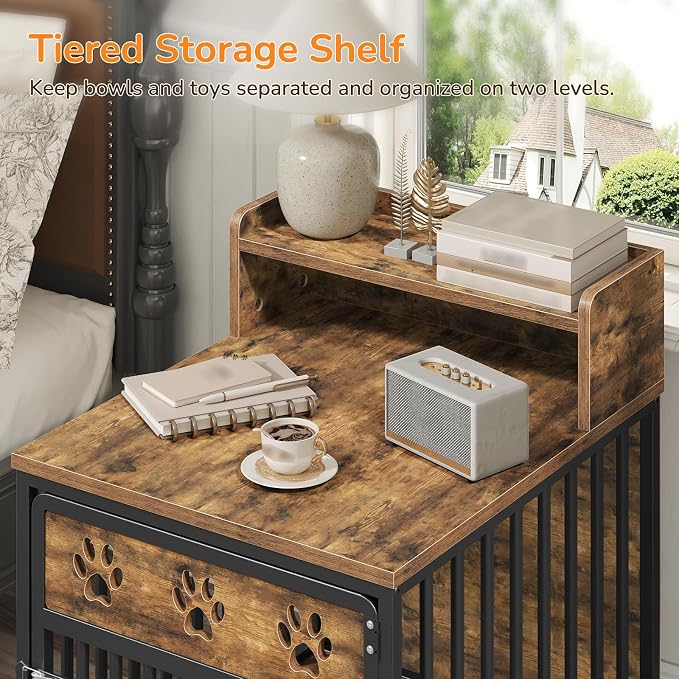 YATINEY Dog Crate Furniture, Wooden Dog Kennel with Storage, Indoor Pet Crate End Table, Two-Tier Small Dogs House, Chew-Proof, for Living Room, Bedroom, Black and Rustic Brown DC01BR
