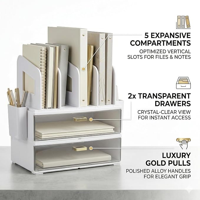 CiWiVOKi Desk Organizer with 4 File Slots and 2 Drawers, White | Desktop organizer with dual pen holders for storing files, mail, notebooks and office supplies in home or office use
