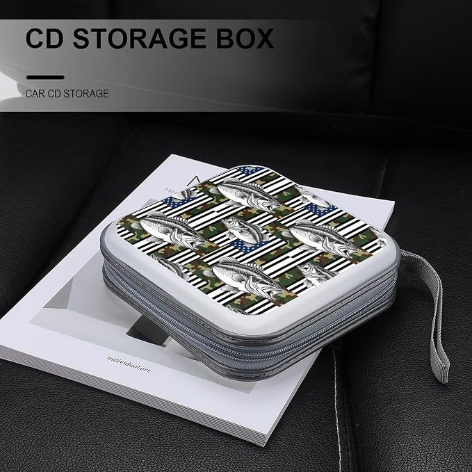 Portable Protective CD Holder American Flag Camo Fishing Fish, 40-Disc Hard Case with Zipper, Storage Binder for Music Movies Game Collections