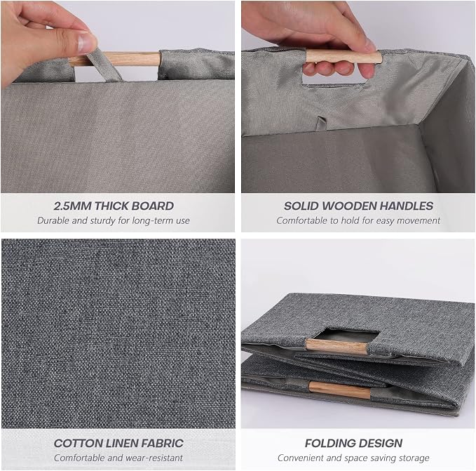 Fabric Storage Box, 13x10in Foldable Cotton Linen Basket with Wooden Handle | Small Rectangular Cube Decorative Home Laundry Organizer Clothes Blanket Container Organizing Clothes Sheets Jeans, Gray