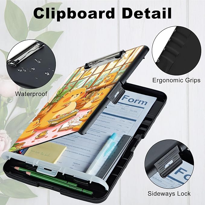 A4 Clipboard with Storage Pen Holder, Clipboards Organizer Nursing Clipboard Foldable File Folder Plastic Clipboard Folio Clip Board for Office Work Classroom Doctor, Bear Lunch
