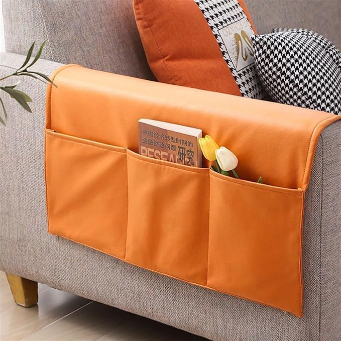 Tech Fabric Arm Rest Covers for Sofa, Anti-Cat Scratching Couch Arm Covers with Side Pocket Anti-Slip Furniture Protector Arm Chair Covers Waterproof Armrest Organizer(Orange)