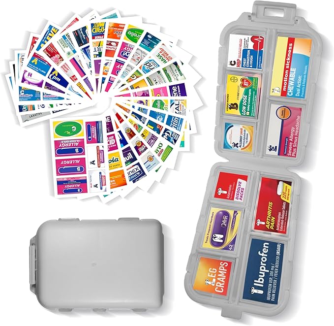 Pill Organizer with 161 Medicine Labels, Grey Travel Pill Case | Compact 10-compartment pill case with 161 labels for daily vitamins, supplements, 7-day planning, purse, backpack, and travel