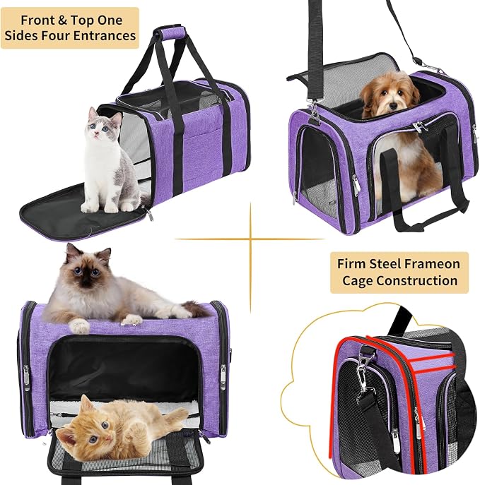 Soft-Sided Cat/Dog/Pet Carrier, Collapsible Pets Travel Carriers | for Big Cats/Small Dogs with Shoulder Strap & Removable Mat, Mesh Puppy Carry Bag, Up to 16 Lbs, TSA Airline Approved(Purple)