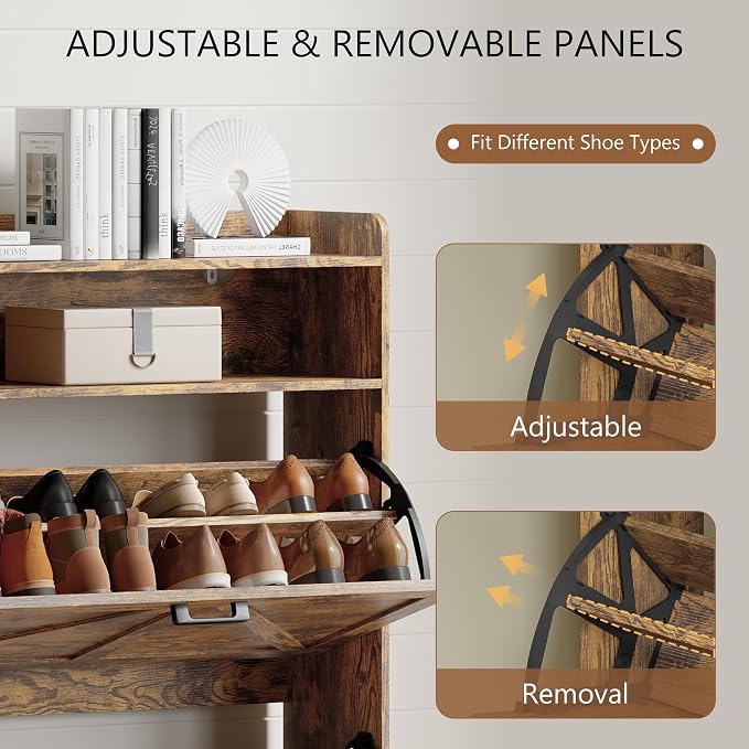 Xixini Shoe Storage Cabinet with 2 Flip Drawers, Entryway Shoe Rack, Brown | Freestanding Narrow Shoe Storage, Hidden Slim Wood Shoe Organizer, Modern Farmhouse, Open Storage & Hooks for Closet, Hallway