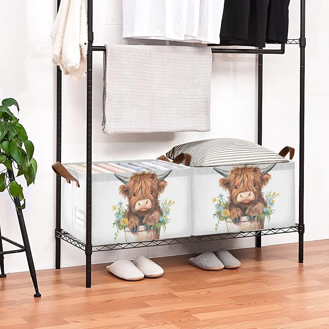 Cute Highland Cow in Flower Pot Storage Bins for Shelves with Labels&Handles Fabric Organizer Bin Foldable Rectangle Storage Basket Boxes for Closet, Bathroom, Home, Living Room, 2 Pack