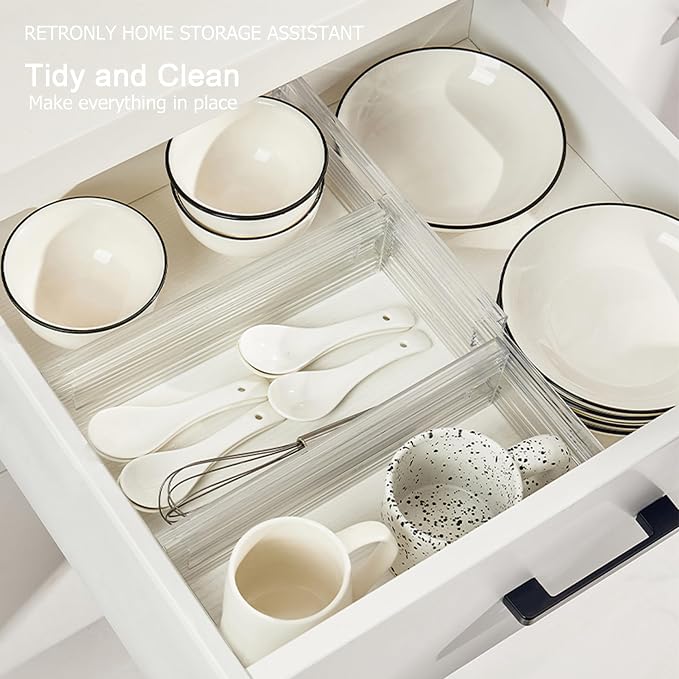 8 Pack Clear Drawer Dividers - 3.1'' Height, 11-19'' Adjustable Drawer Separators, Expandable Dresser Organizers in Bedroom, Bathroom, Closet, Clothing, Office, Kitchen Storage