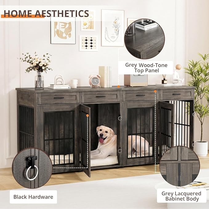 VOWNER 87" Dog Crate Furniture for 2 Dogs, Double Dog Cage Furniture, Grey | Extra Large Wooden Dog Kennel with 4 Drawer, Removable Divider, Furniture-Style TV Stand, XXL Dog Crate for Large Medium Dogs