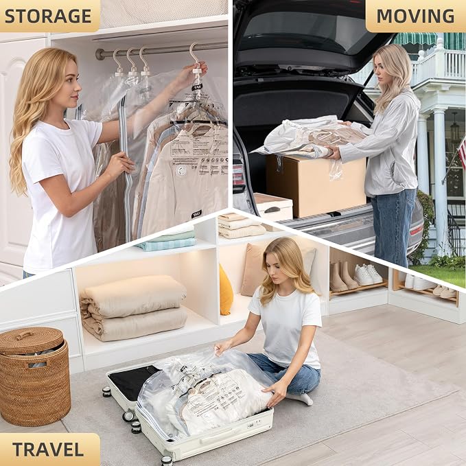 Hanging Vacuum Storage Bags, 6 Large Vacuum Pack Bags for Clothes Reusable Space Saver Bags Vacuum Compression Storage Bags for Winter Coats Wardrobe Coats, Suits & Dresses Garment 5-Ring Hangers | Vacuum Bag Clothing Vacuum Bag for Suits, Coats, Jacke...