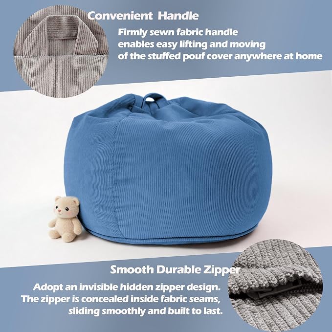 LPMOERA Stuffed Animal Storage Soft Bean Bag Chair Cover No Filler Blue | Skin-Friendly,Portable,Wide Easy-Load Opening,Hidden Zipper,Decorative Organizer