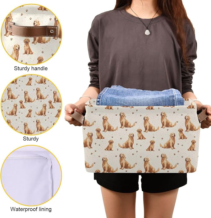 Wamika Golden Retriever Dog Storage Basket Fabric Pet Toys Baskets Cute Puppy Dogs Open Home Storage Bins Boxes Foldable Organizer Bag for Pet Bathroom Shelf Closet Baskets 16×12×8 Inches