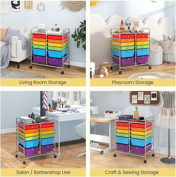 12 Drawer Rolling Storage Cart, Art Cart Organizer on Wheels, Mobile Utility Cart with Drawers, Multipurpose Craft Drawers for Home Office School Classroom (Multicolor)