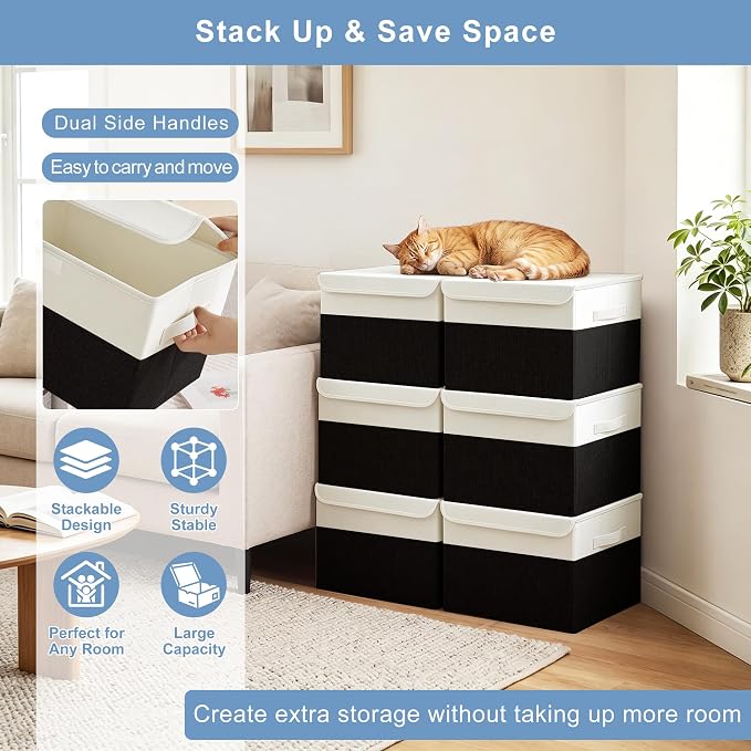 Large 22 Quart Linen Fabric Foldable Storage Bin Cube Organizer Basket with Flip-Top Lid & Handles, Clothes Blanket Box for Home, Office, Closet, Black & White, 4 Pack 14.6 x 9.5 x 9.5