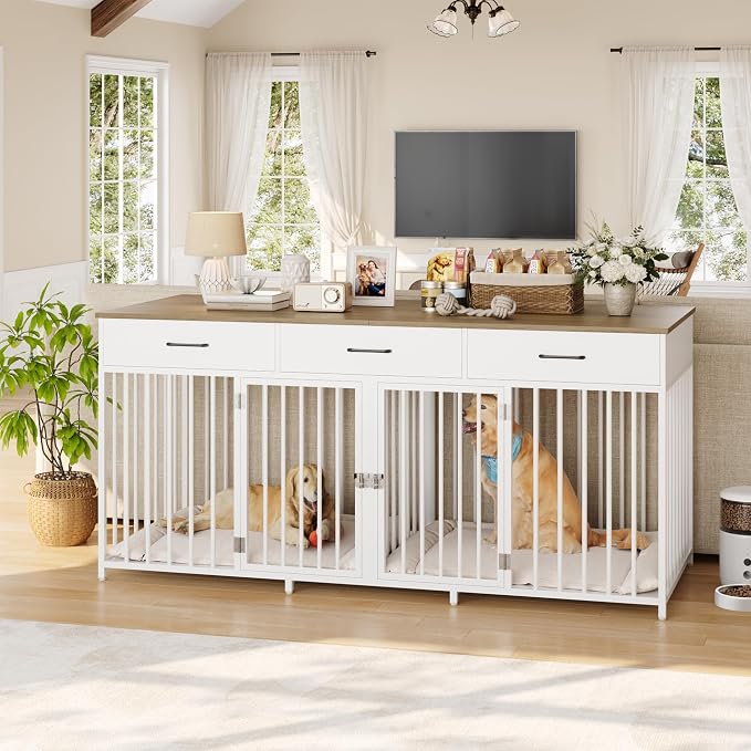 HOSTACK Double Dog Crate, 71"W Indoor Dog Kennel Furniture for 2 Dog, White | 3 Drawers for Easy Storage, Heavy-Duty Cage, Removable Divider, Slide Bolt Latch, Modern Farmhouse Pet House for XL/XXL Dogs