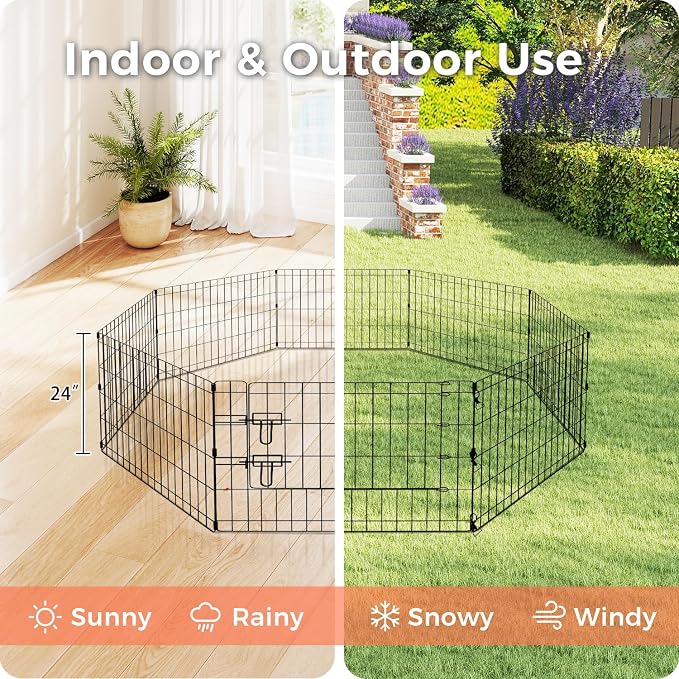 24" H Dog Playpen, 8 Panels Foldable Metal Pet Exercise Pen for Puppy | Pet Dog Fence Indoor/Outdoor Use Metal Playpen, Portable Fence with Door for Yard Garden Camping, Black
