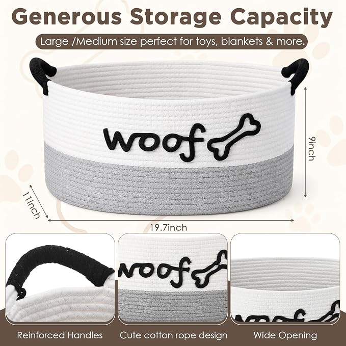 Zhehao Dog Woven Toy Basket with Handles, 19 x 11 x 9 in, White Gray | Cotton Rope Dog Toy Storage Bin, Pet Basket with Woof Bone Embroidery, for Puppy Bone & Blankets