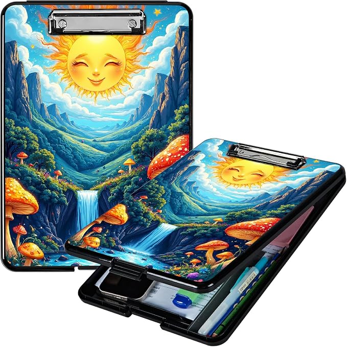 Heavy Duty Storage Clipboard, Slim Nursing Clipboard with Internal Pen Case, Portable File Organizer Case for A4 Letter Size Paper Office Medical Professionals, Stream Sun Mushroom