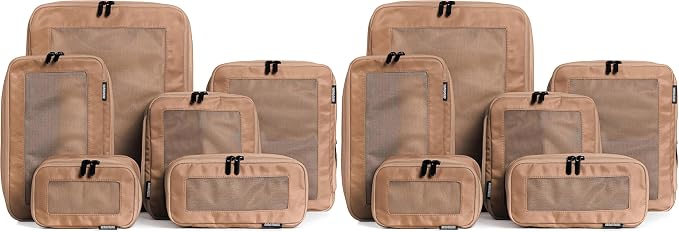 Compression Packing Cubes for Travel - Luggage Organizer Bags - Double Zipper Packing Cubes for Suitcases (12-Pack, Mocha)