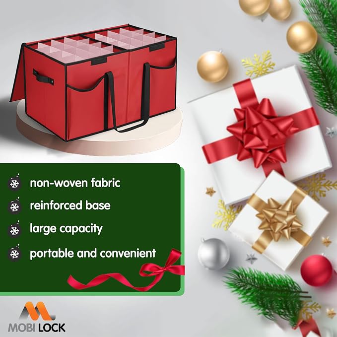 Christmas Ornament Storage Box with Dividers & Pockets - Holiday Ornament Organizer Bag - Holds 128 Balls - Durable Red Fabric Container with Handles - Foldable Xmas Decorations Storage - by Mobi Lock