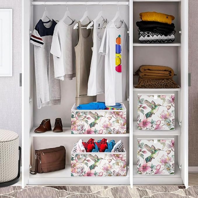 Hummingbird Cube Storage Bins Watercolor Floral Collapsible | Fabric Storage Baskets Large Clothes Organizer Box for Bedroom Living Room Study Room 11×11×11 In