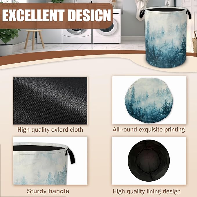 Misty Forest Laundry Baskets,Watercolor Landscape Laundry Hamper,Storage Basket with Handles for Bathroom Bedroom College Dormitory Living Room Nursery Organizer 16"x20.8"