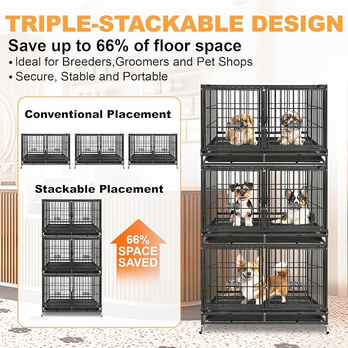 Homey Pet 4 Pack Three Tiers 43" Stackable Heavy Duty Double Dog Crate Bank | Commercial Modular Dog Kennel with Dual Front Doors, Divider, Auto Locks, Removable Tray, Bowls for Small and Medium Dogs