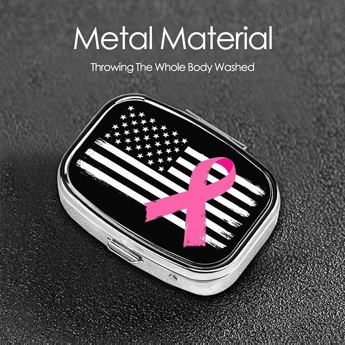 Breast Cancer Awareness Pink Ribbon American Flag Pill Box 2 Compartment Medicine Pill Case Portable Pill Box for Pocket or Purse Pill Box