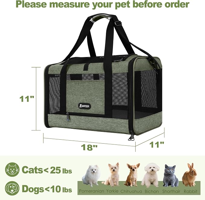 GAPZER Medium Cat Carrier Bag Lightweight, Soft-Sided Small Pet Carry Crate | 18 x 11 x 11 Light Weight Yorkie Kennel up to 15 lbs for Indoor House, Top Entry Bunny Canvas Bag Vet Visit Easy Clean Olive