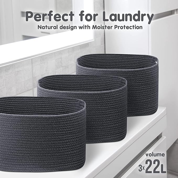 CHAT BLANC Cotton Rope Baskets for Organizing, Shelves, Toys, Storage, Shoe, Bathroom, Laundry, Towel, Nursery, Home Decor, Blanket, Cloth Woven Bins Fabric (Graphite, 15"x10"x9")