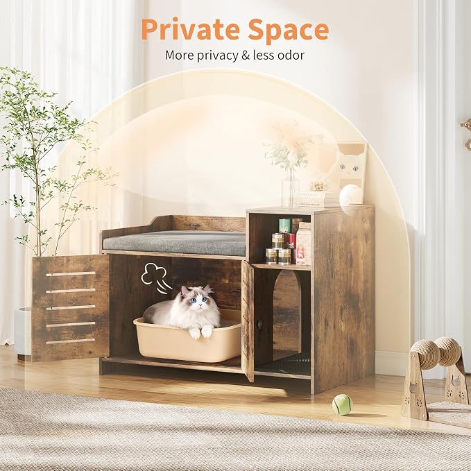Cat Litter Box Enclosures, Large Hidden Cat Litter Box Furniture with Double Door, Wooden End Table Litter Box Cabinet with Storage Shelf, Cushion & Litter Mat, Dog Proof Design, Modern Cat House