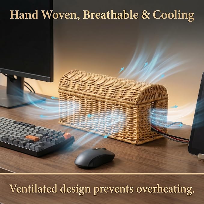 Rattan Cable Management Box, Ventilated Cord Hider with Flip Lid