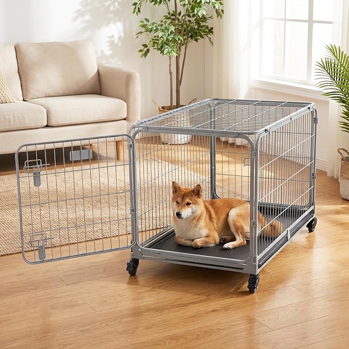 ZOMISIA Collapsible Dog Crate with Lockable Wheels - 36 inch Escape Proof Dog Kennel for Medium Dogs with Double Door, Easy Assembly Foldable Cage with Removable Tray, Indoor Outdoor Use,Silver Gray