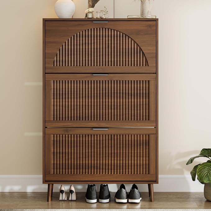 Shoe Storage Cabinet with 3 Flip Drawers, Narrow Wood Shoe Organizer Cabinet with Fluted Panel, Slim Shoe Rack for Entryway, Freestanding Shoe Cabinet for Living Room, Hallway, Walnut