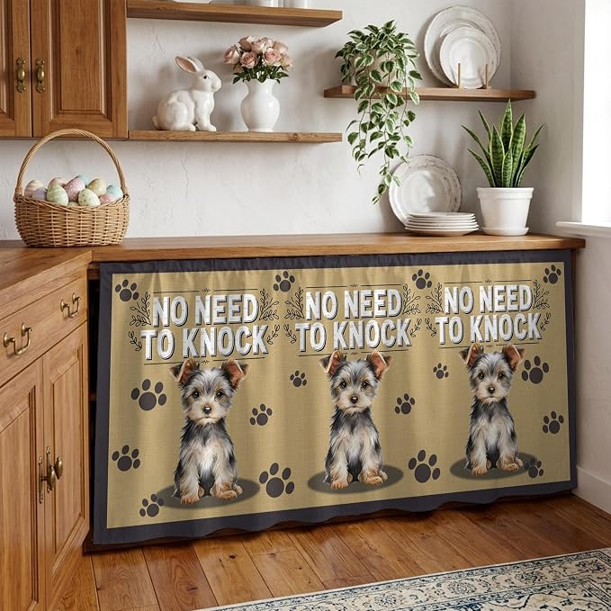 NO Need to Knock Cabinet Curtains 28"x51" Sink Skirt for Bathroom Kitchen, Terrier Puppy Paw Prints Pet Lover Farmhouse Self Stick Adhesive Under Desk Covers Tall Laundry Cabinet Storage Organizer