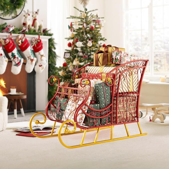 Metal Santa Sleigh, Red Christmas Decoration Sleigh Cart w/ 2-Tier Large Cargo Area for Present, Santa’s Gift Sleigh for Home Lawn Yard, Outdoor Christmas Sleigh Basket for Holiday (Hollow)