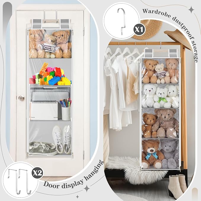 SATINIOR Hanging Stuffed Animal Storage with Zippers Dustproof over The Door Organizer with Large Pockets Different Hanging Methods for Shoes, File (Light Gray,4 Layer)