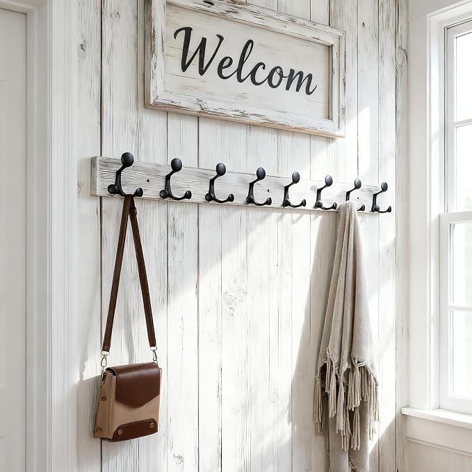 SKOLOO 43-Inch Wood Coat Rack Wall Mount with 8 Triple Hooks - Ideal for Family Entrances, Classrooms, and Pet Supplies Storage - Perfect Coat Hooks for Wall,Distressed White Wash, Pack of 2